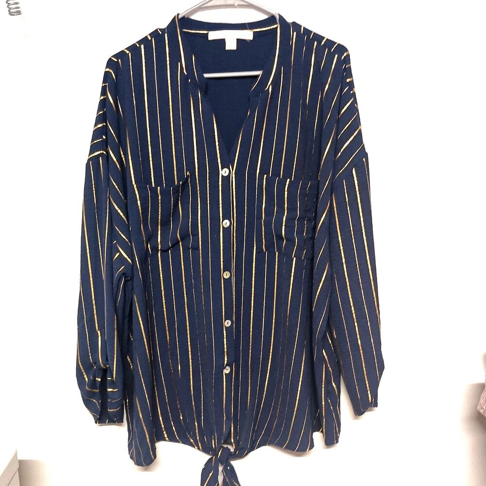 NWOT Button-Up Long Sleeve Blouse - 'GOOD DAYS ONLY' - Size 3X Navy/Gold